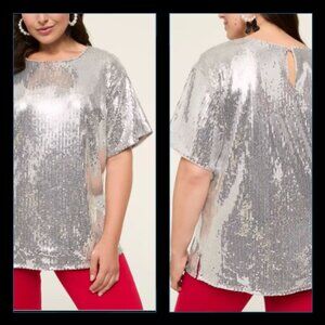 Lane Bryant Sequin Top Womens Size 20 Silver Short Sleeve Lined Holiday Glam